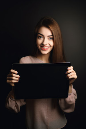 portrait of a young woman excitedly showing you a futuristic tablet, created with generative aiの素材