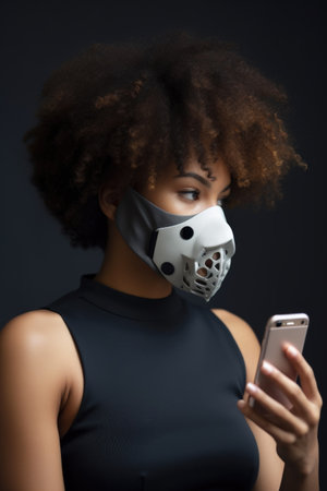 shot of a masked young woman using her smartphone against a grey background, created with generative aiの素材