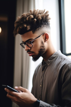 cropped shot of a young man using his touchscreen phone at home, created with generative aiの素材