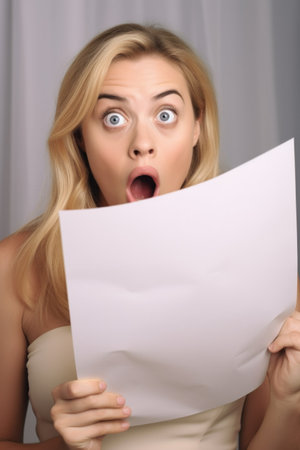 a shocked blonde woman holding a blank piece of paper, created with generative aiの素材