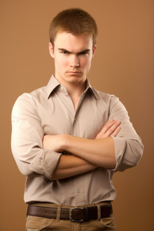 a handsome young man standing with his arms folded surrounded by copyspace, created with generative aiの素材