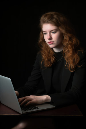 a young woman reading an email on her laptop, created with generative aiの素材
