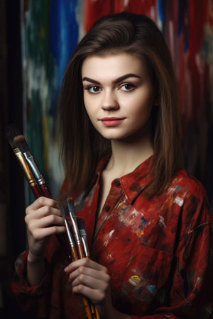 portrait of a young woman holding paintbrushes, created with generative aiの素材