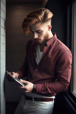 cropped shot of a young designer working on his tablet, created with generative aiの素材