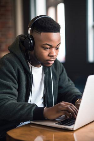a young man wearing headphones while using a laptop and listening to music, created with generative aiの素材