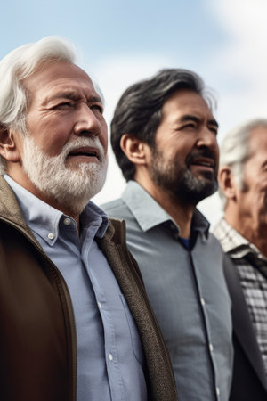 closeup shot of a group of mature men walking outside, created with generative aiの素材