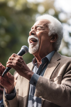 shot of a senior man singing at an outdoor event, created with generative aiの素材