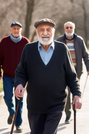 an elderly man walking to a park outside with his friends, created with generative aiの素材
