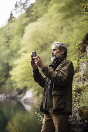 shot of a man using his smartphone to take pictures while out in nature, created with generative aiの素材