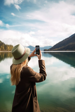 shot of a young woman using her cellphone to take a photo at the lake, created with generative aiの素材