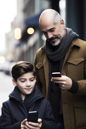 shot of a man using a smartphone while out with his son, created with generative aiの素材