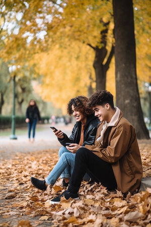 shot of two friends using a cellphone in a park, created with generative aiの素材