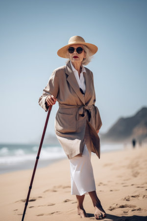shot of a woman with a walking cane standing outside on vacation, created with generative aiの素材