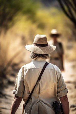 rearview shot of an unrecognizable woman on a walking safari with a guide, created with generative aiの素材