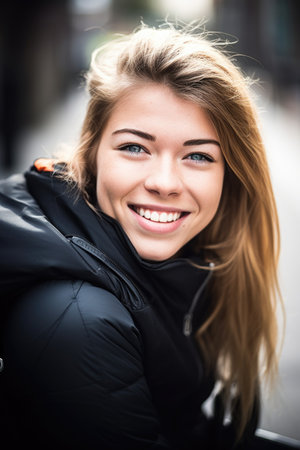 shot of a wheelchair bound young woman smiling at the camera, created with generative aiの素材