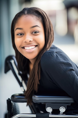 shot of a wheelchair bound young woman smiling at the camera, created with generative aiの素材