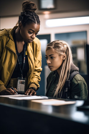 shot of a young woman and her support worker checking in for their flight at an airport, created with generative aiの素材