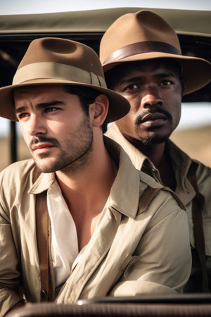 shot of a young man and his friend on safari, created with generative aiの素材