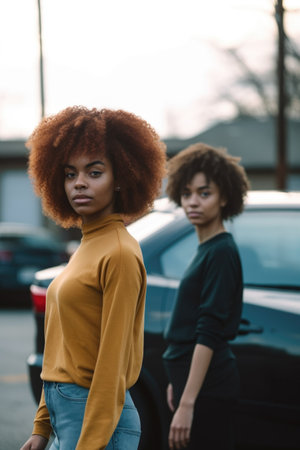shot of two young women standing outside with a car parked in the background, created with generative aiの素材