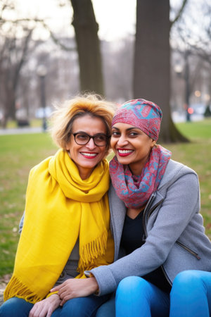 friends, bonding and portrait with happy women in park for social interaction, smile and peace, created with generative aiの素材