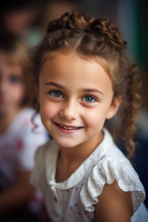 happy, portrait and girl in a classroom with friends for education, learning or study at school, created with generative aiの素材
