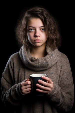 studio portrait of a young teenager holding her empty coffee cup, created with generative aiの素材