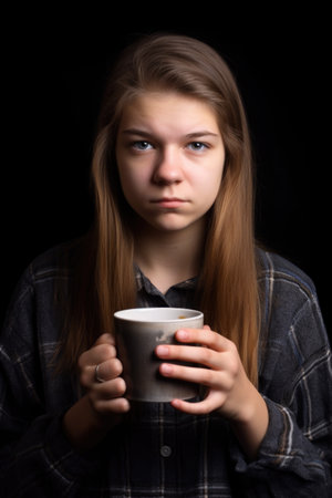 studio portrait of a young teenager holding her empty coffee cup, created with generative aiの素材