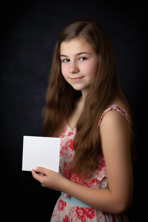 portrait of a teenage girl holding up a blank card, created with generative aiの素材