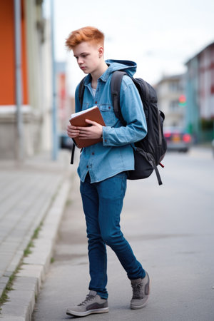 young teenager, walking and backpack on the street outside with study, books or education, created with generative aiの素材