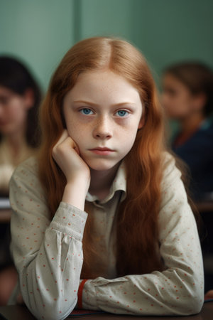 portrait of an age girl looking bored in class, created with generative aiの素材