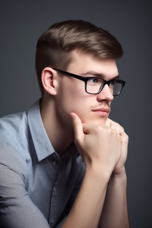 studio portrait of a young man wearing glasses and looking thoughtful against a gray background, created with generative aiの素材