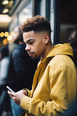 shot of a young man using his cellphone while waiting in line at a cafe, created with generative aiの素材