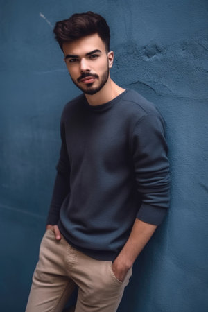 shot of a man dressed in casual clothes posing against a wall, created with generative aiの素材