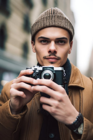 closeup shot of a young man posing with his vintage camera in the city, created with generative aiの素材