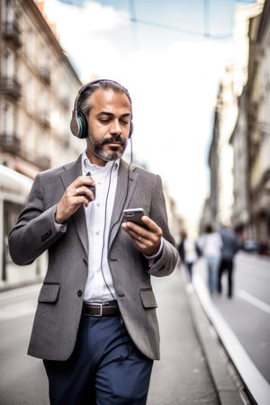businessman, music and headphones on city street for online streaming, communication or relax, created with generative aiの素材