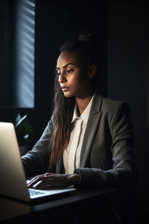 shot of a young businesswoman working on a laptop in her home office, created with generative aiの素材