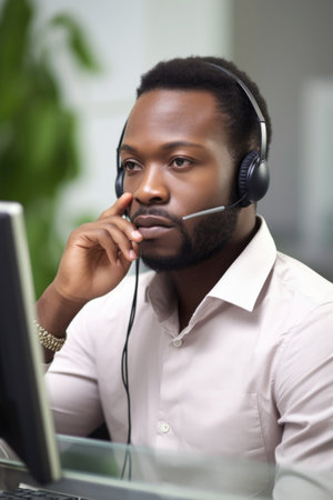 portrait of a male call center agent working in an office, created with generative aiの素材
