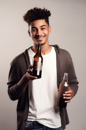 shot of a young man holding a bottle of beer, created with generative aiの素材