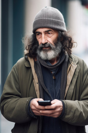 homeless man using a smartphone outside, created with generative aiの素材