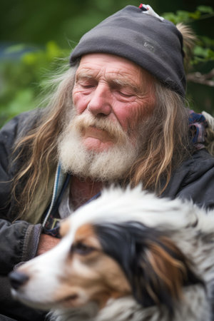 shot of a homeless man sleeping outside with his dog beside him, created with generative aiの素材