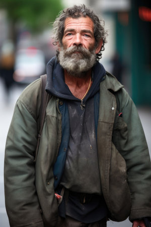 a homeless man standing with his hands in his pockets on the streets of london, created with generative aiの素材