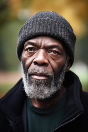 black man, homeless portrait and sad in public park with social issue, mental illness or support, created with generative aiの素材