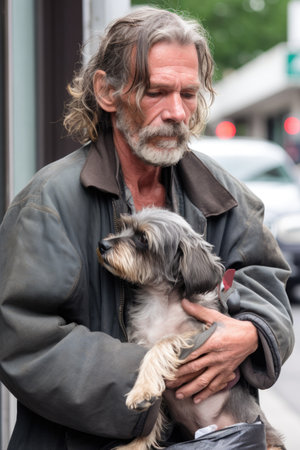 a distraught homeless man looking down while holding his dog on a sidewalk, created with generative aiの素材