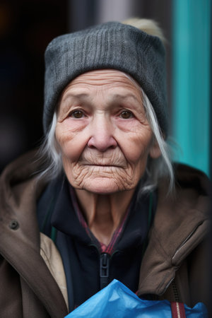 face of homeless woman with shopping bags on sidewalk, created with generative aiの素材