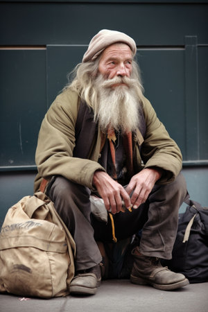 homeless man sitting against a building with his bags, created with generative aiの素材