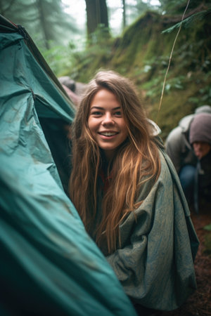 portrait of a young woman having fun camping with her friends, created with generative aiの素材