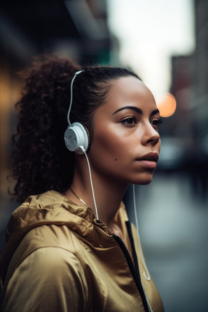 shot of a young woman listening to music while out on a run, created with generative aiの素材