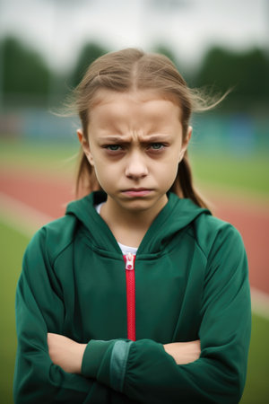 shot of an unhappy young girl on a sports field, created with generative aiの素材