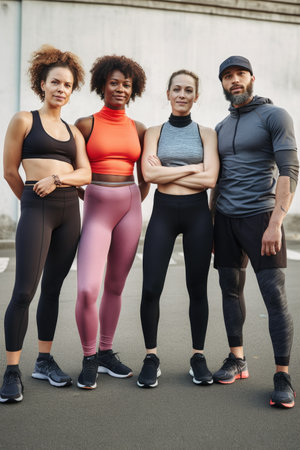 shot of a fitness group standing together in their workout gear outside, created with generative aiの素材