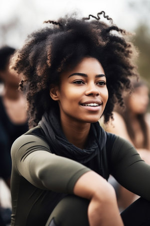 shot of a young woman sitting outside while exercising with her group, created with generative aiの素材